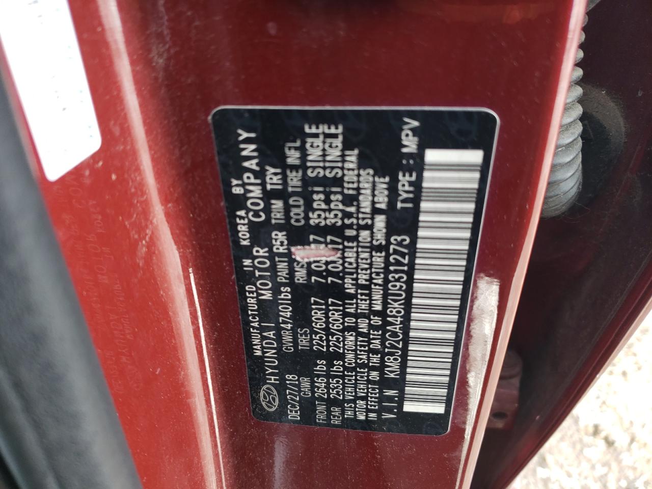 2019 Hyundai Tucson Se VIN: KM8J2CA48KU931273 Lot: 92385935