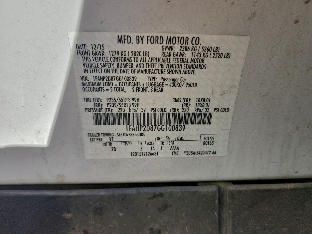 2016 Ford Taurus Se VIN: 1FAHP2D87GG100839 Lot: 92761335