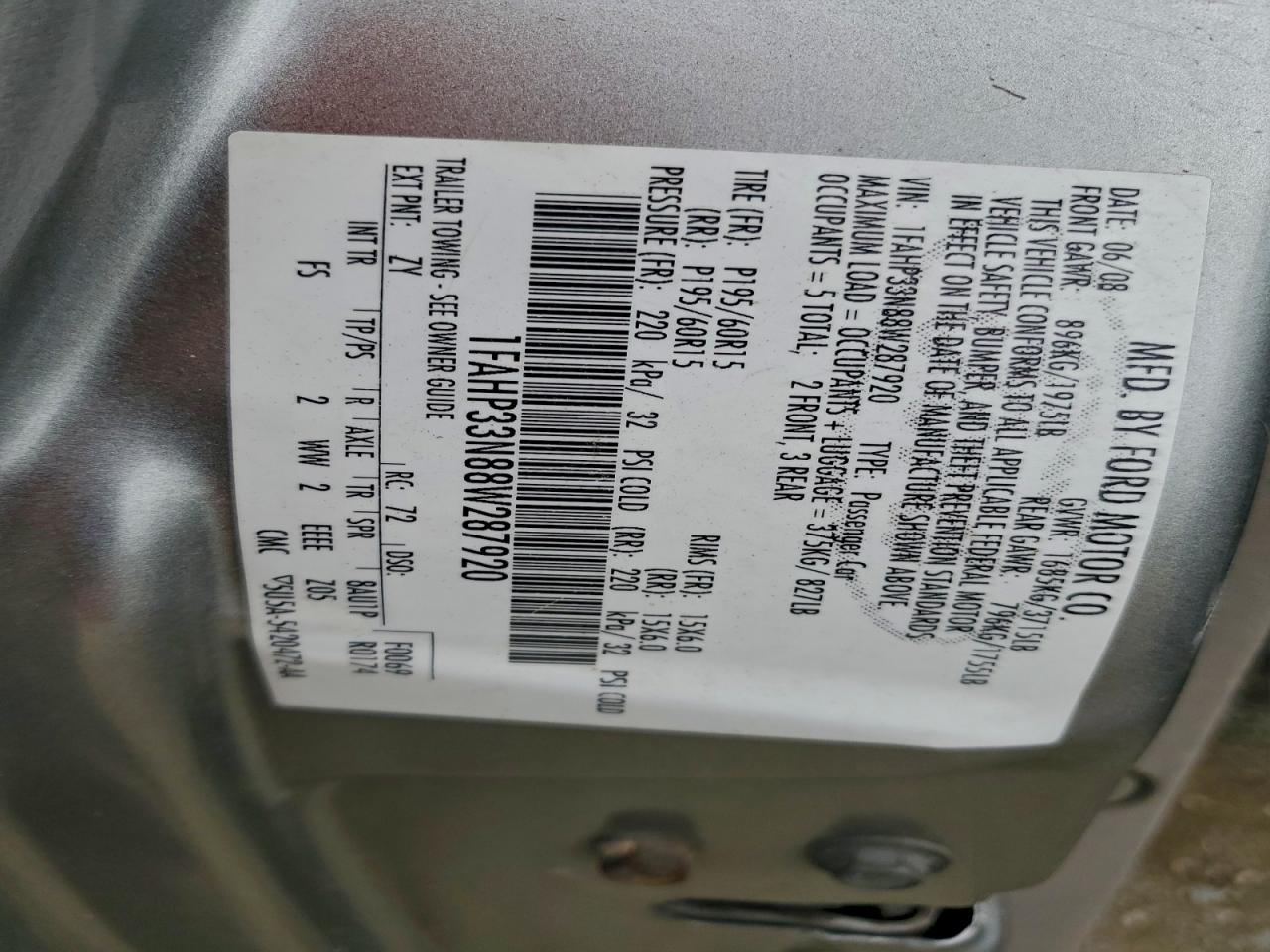 2008 Ford Focus Se VIN: 1FAHP33N88W287920 Lot: 94342865