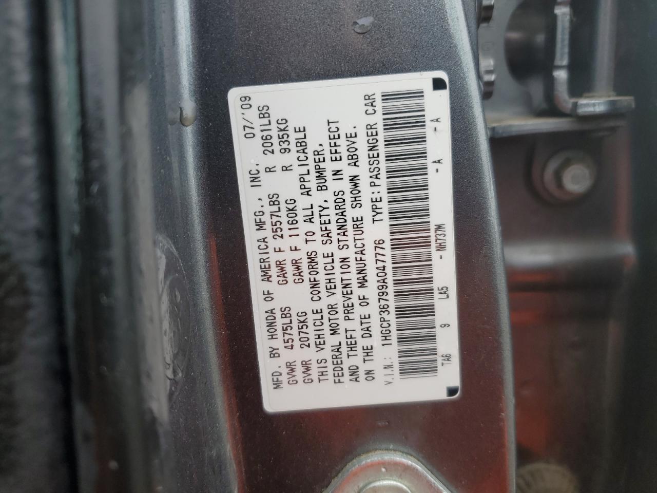 2009 Honda Accord Ex VIN: 1HGCP36799A047776 Lot: 90645085