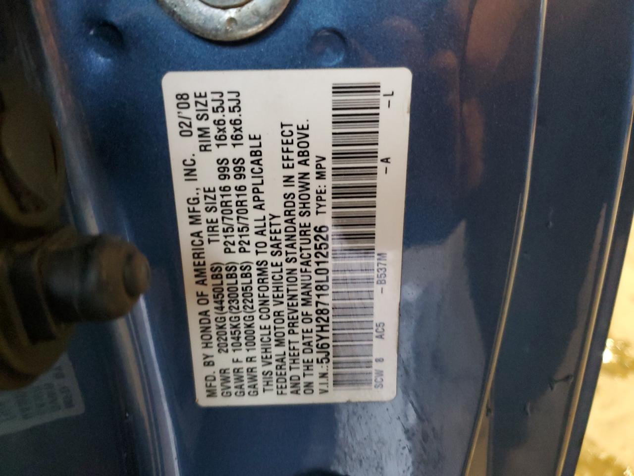 2008 Honda Element Ex VIN: 5J6YH28718L012526 Lot: 93215405