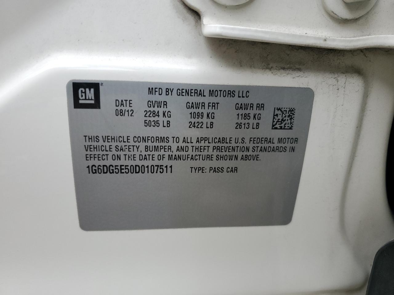 2013 Cadillac Cts Luxury Collection VIN: 1G6DG5E50D0107511 Lot: 92915305