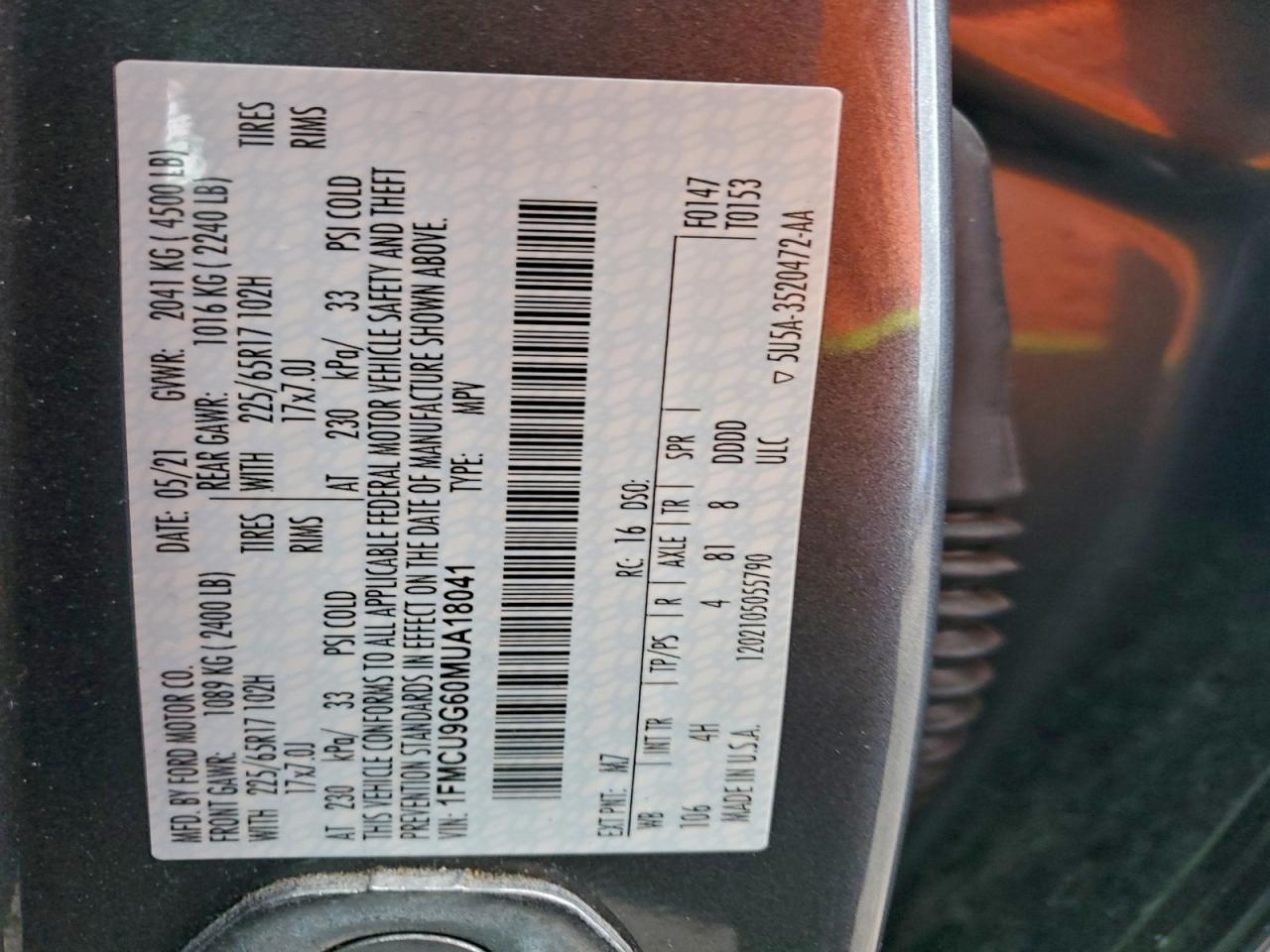 2021 Ford Escape Se VIN: 1FMCU9G60MUA18041 Lot: 93623965