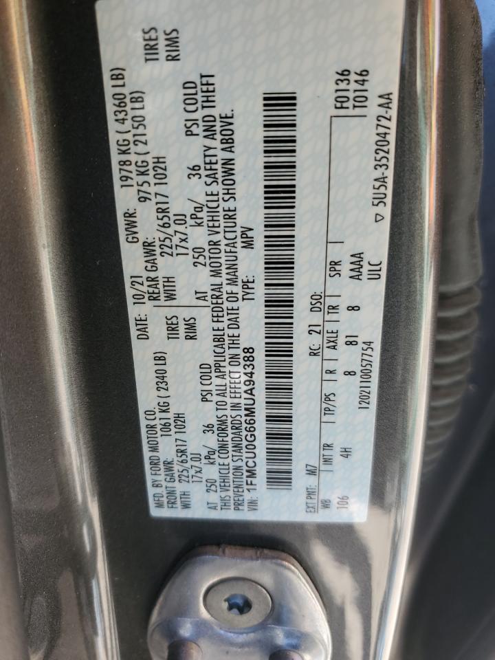 2021 Ford Escape Se VIN: 1FMCU0G66MUA94388 Lot: 92604215