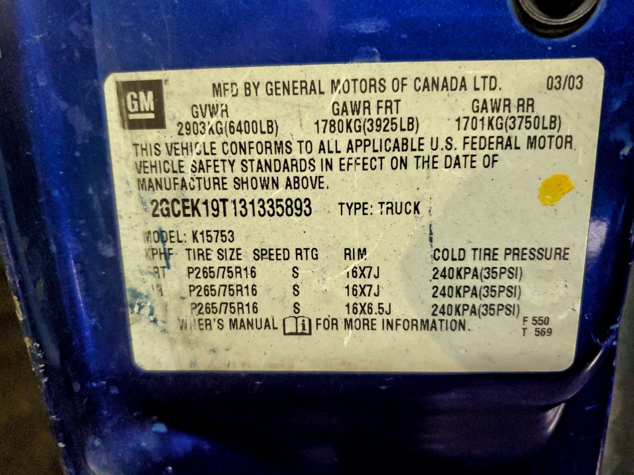 2003 Chevrolet Silverado K1500 VIN: 2GCEK19T131335893 Lot: 94843175