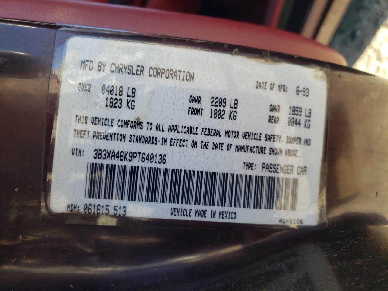 1993 Dodge Spirit VIN: 3B3XA46K9PT640136 Lot: 92530285