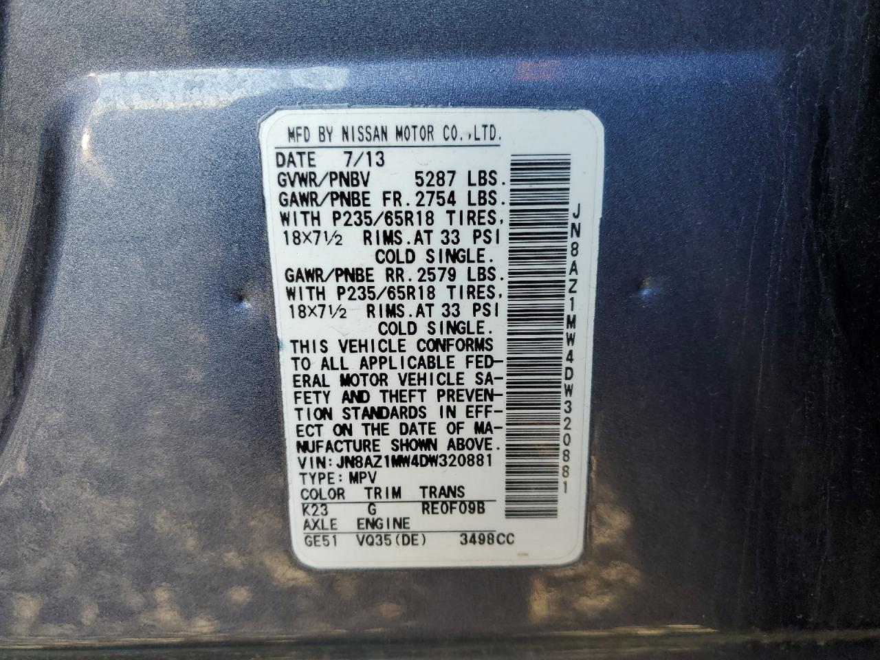 2013 Nissan Murano S VIN: JN8AZ1MW4DW320881 Lot: 93744695