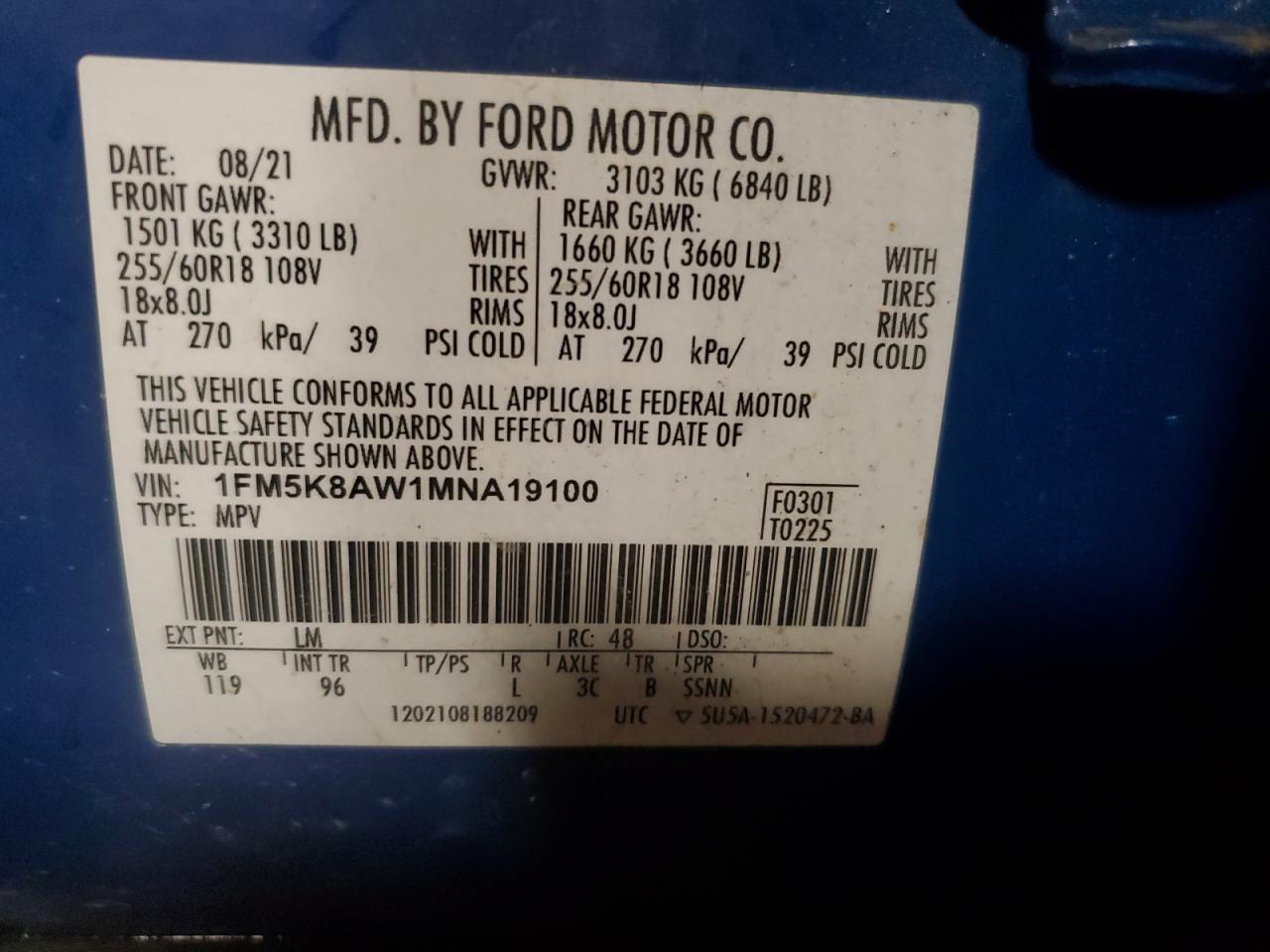 2021 Ford Explorer Police Interceptor VIN: 1FM5K8AW1MNA19100 Lot: 93094885