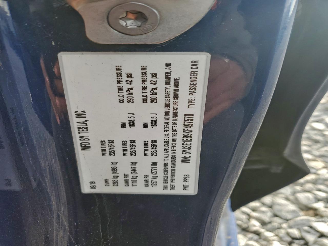 2019 Tesla Model 3 VIN: 5YJ3E1EB9KF497570 Lot: 94387025