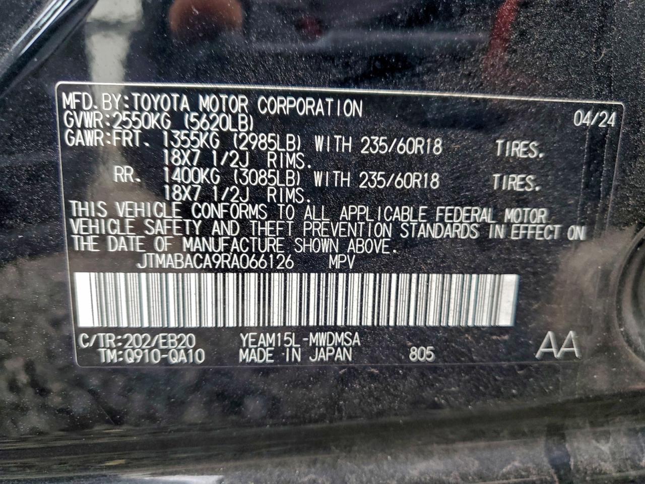 2024 Toyota Bz4X Xle VIN: JTMABACA9RA066126 Lot: 94294825