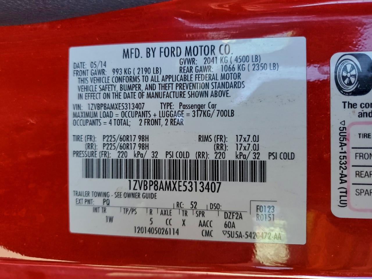 2014 Ford Mustang VIN: 1ZVBP8AMXE5313407 Lot: 93876225