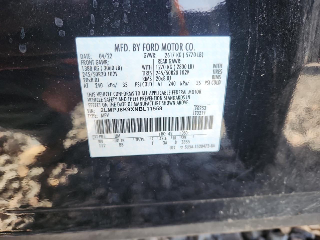 2022 Lincoln Nautilus Reserve VIN: 2LMPJ8K9XNBL11558 Lot: 92419895