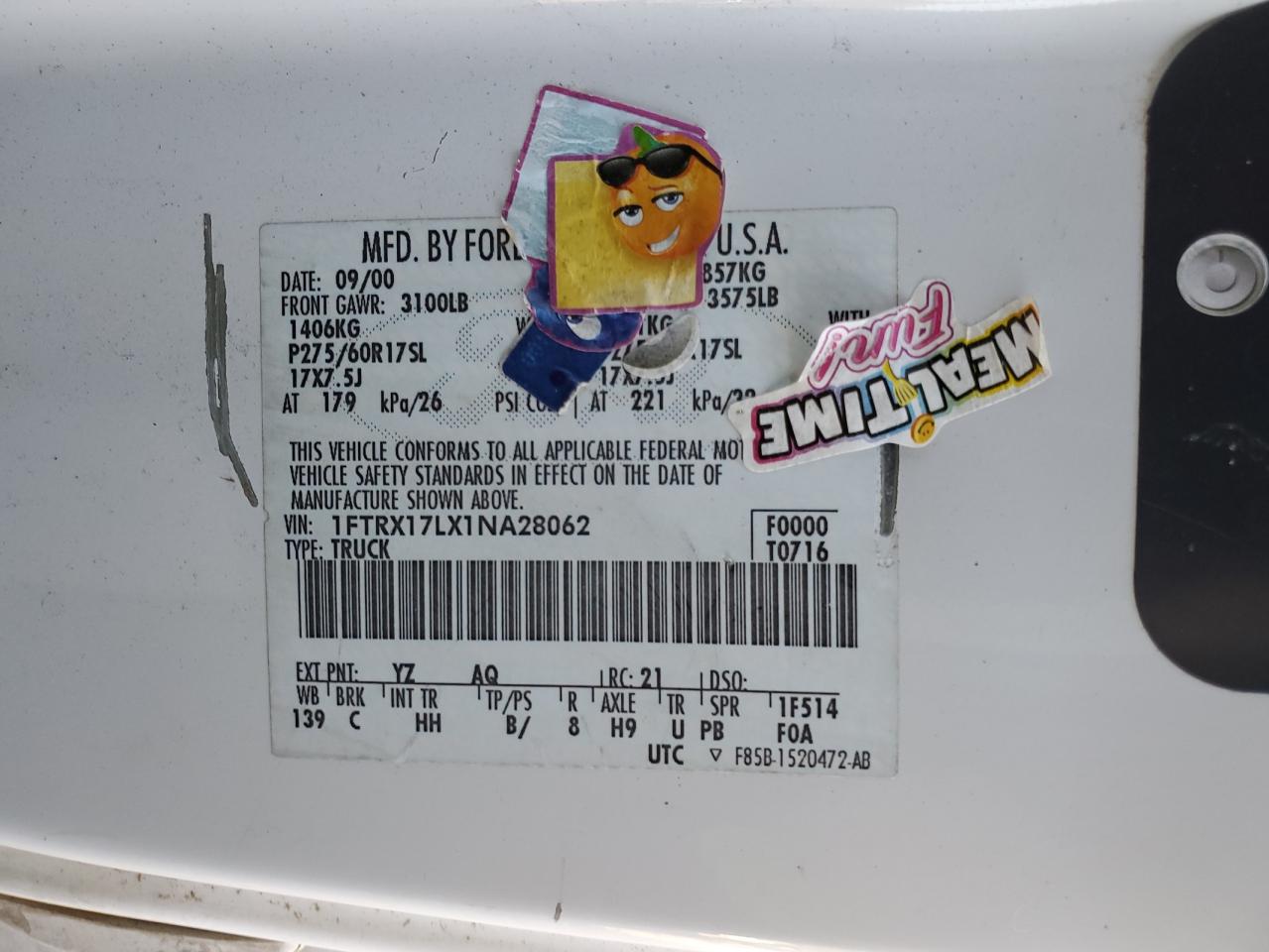 2001 Ford F150 VIN: 1FTRX17LX1NA28062 Lot: 92012665