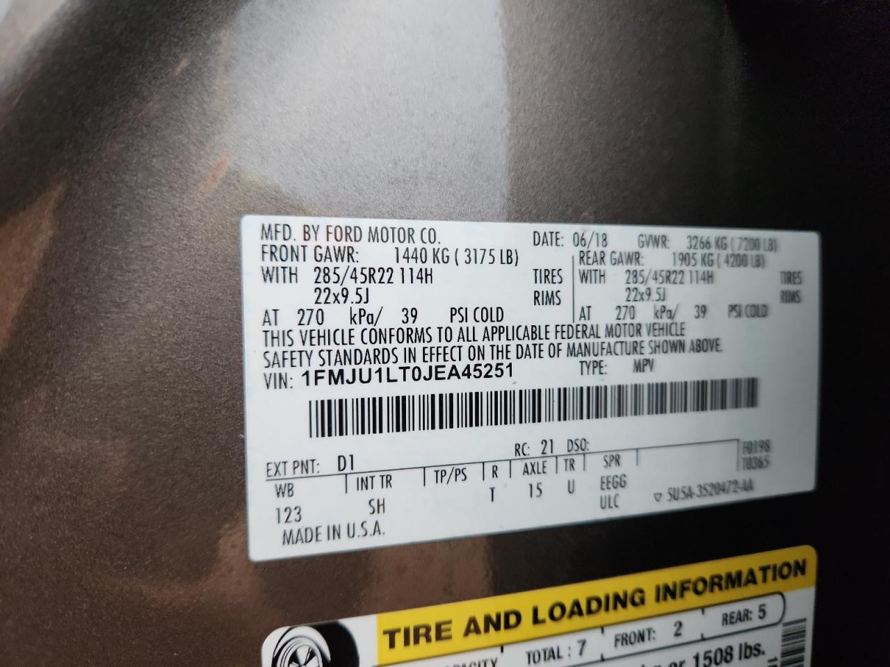 2018 Ford Expedition Platinum VIN: 1FMJU1LT0JEA45251 Lot: 94983155