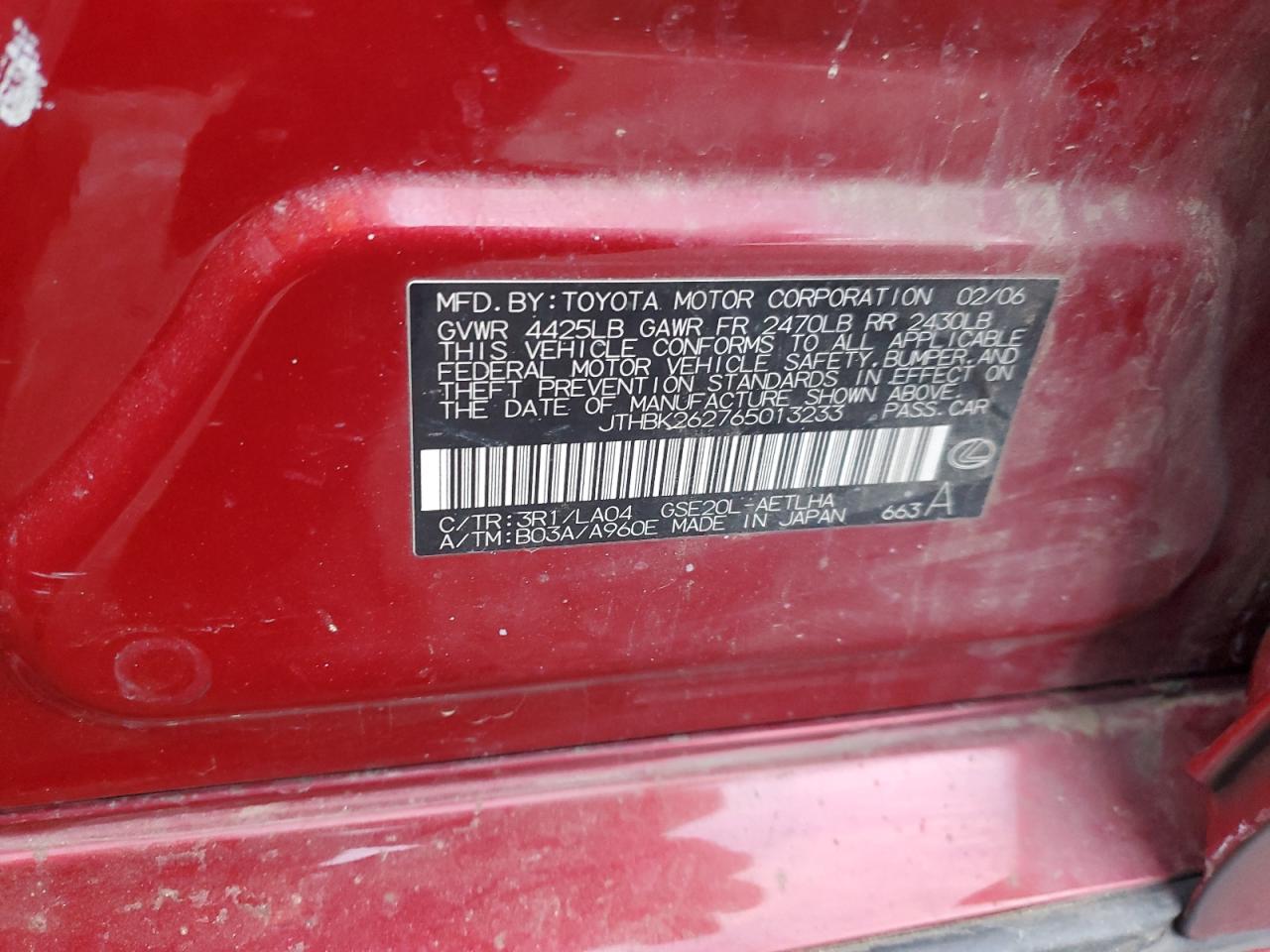 2006 Lexus Is 250 VIN: JTHBK262765013233 Lot: 93532395