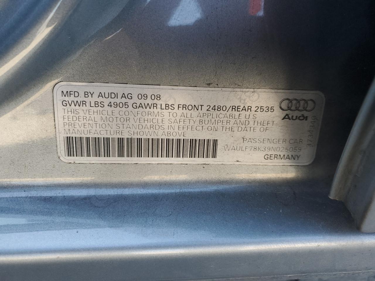 2009 Audi A4 2.0T Quattro VIN: WAULF78K39N025059 Lot: 91490385