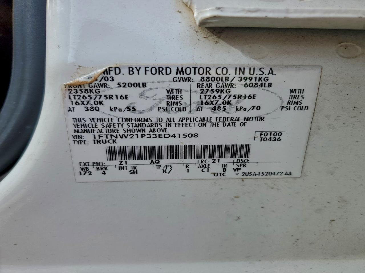 2003 Ford F250 Super Duty VIN: 1FTNW21P33ED41508 Lot: 94280395