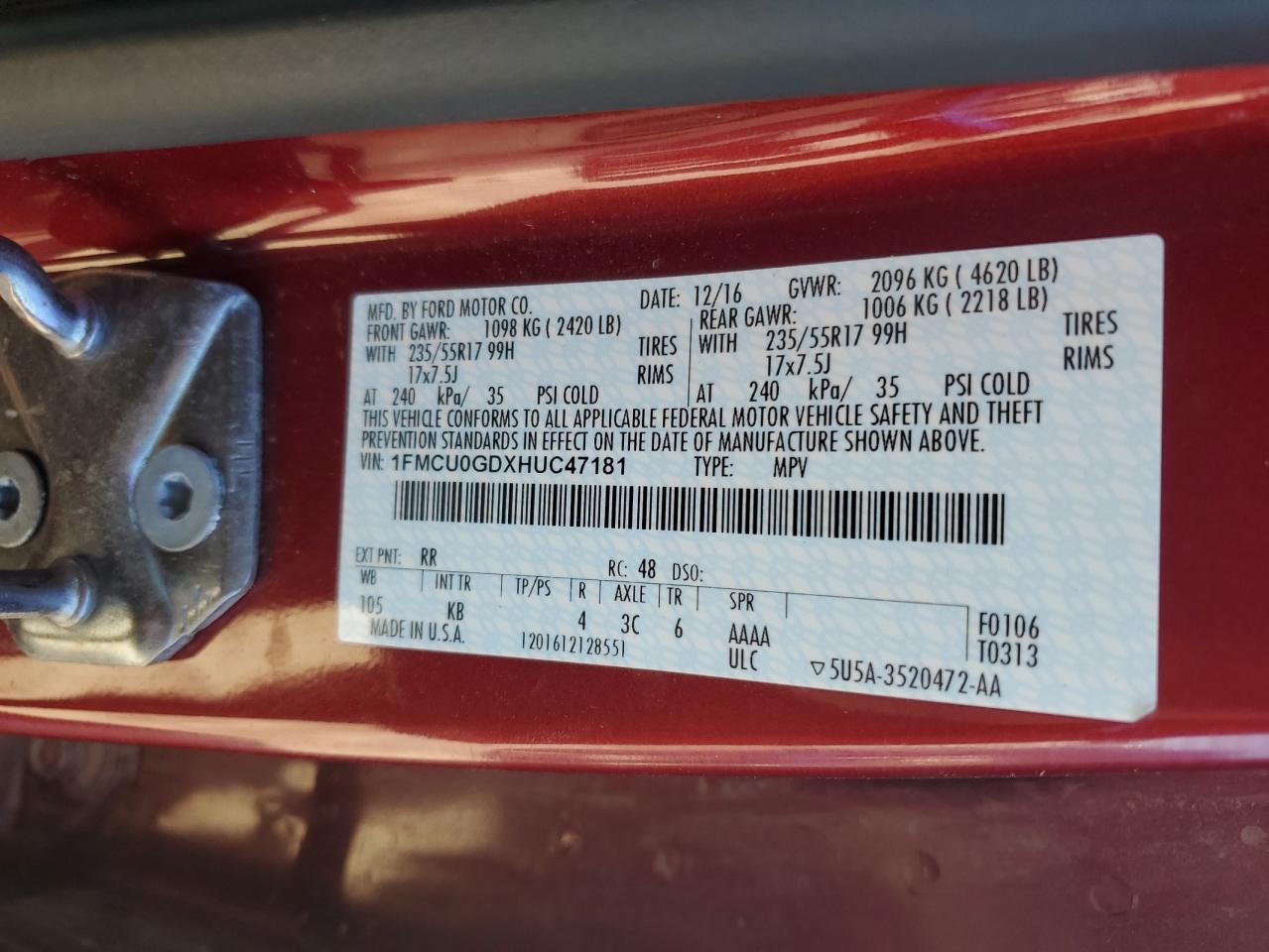 2017 Ford Escape Se VIN: 1FMCU0GDXHUC47181 Lot: 91171445