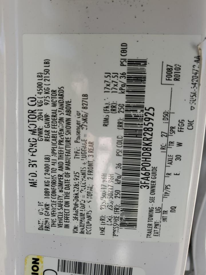 2019 Ford Fusion Se VIN: 3FA6P0HD8KR285925 Lot: 92027595