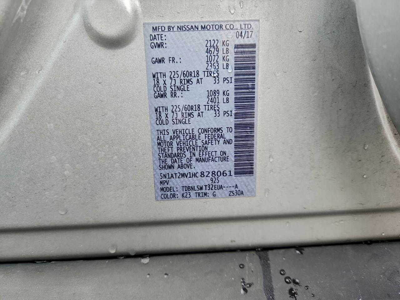 2017 Nissan Rogue Sv VIN: 5N1AT2MV1HC828061 Lot: 94276805