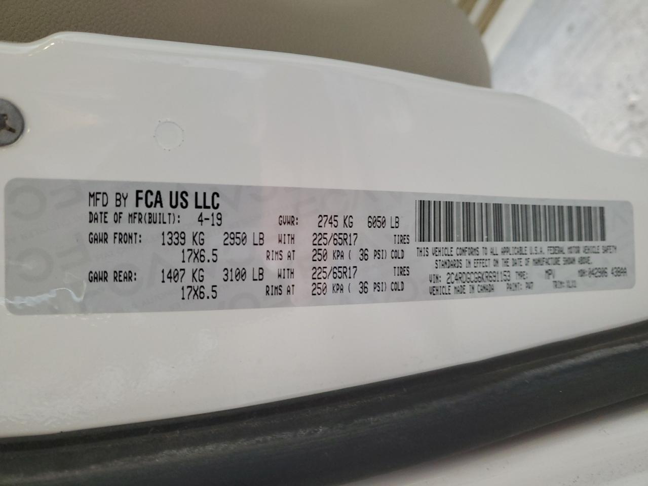 2019 Dodge Grand Caravan Sxt VIN: 2C4RDGCG6KR691153 Lot: 91875175