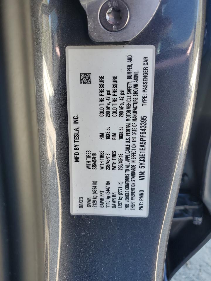 2023 Tesla Model 3 VIN: 5YJ3E1EA5PF643395 Lot: 91676745