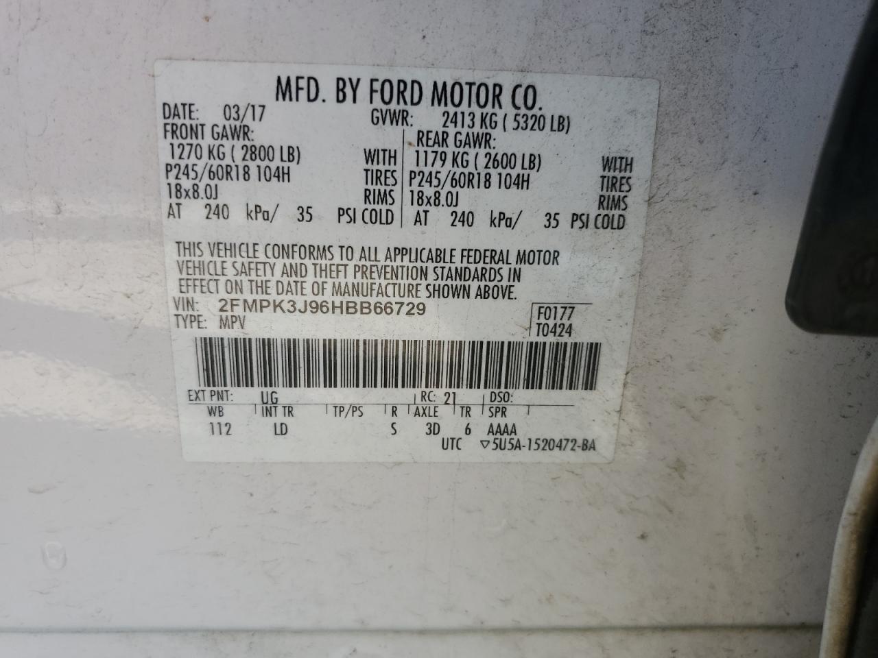 2017 Ford Edge Sel VIN: 2FMPK3J96HBB66729 Lot: 91526635