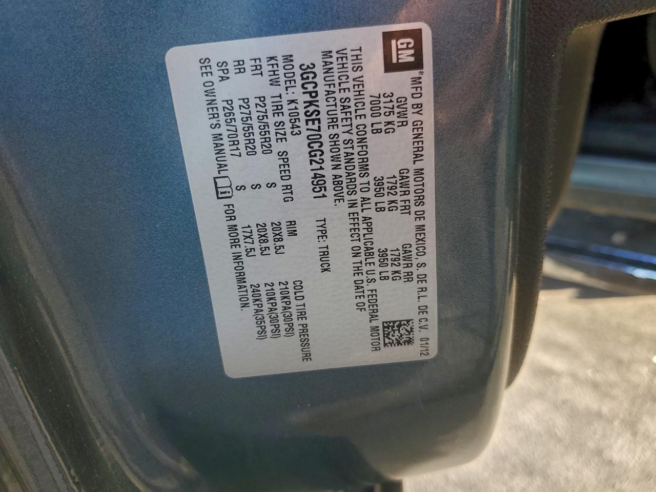 2012 Chevrolet Silverado K1500 Lt VIN: 3GCPKSE70CG214951 Lot: 94708385