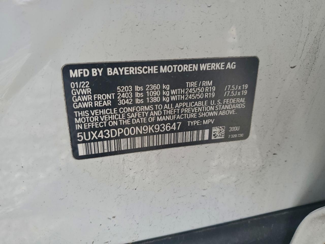 2022 BMW X3 Sdrive30I VIN: 5UX43DP00N9K93647 Lot: 94225985