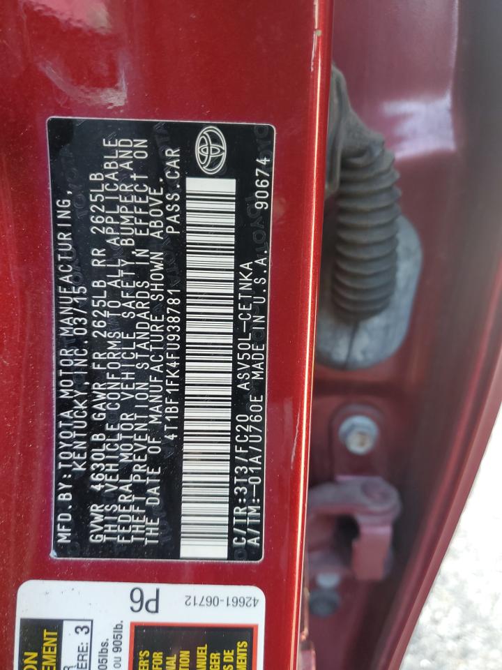 2015 Toyota Camry Le VIN: 4T1BF1FK4FU938781 Lot: 93250095