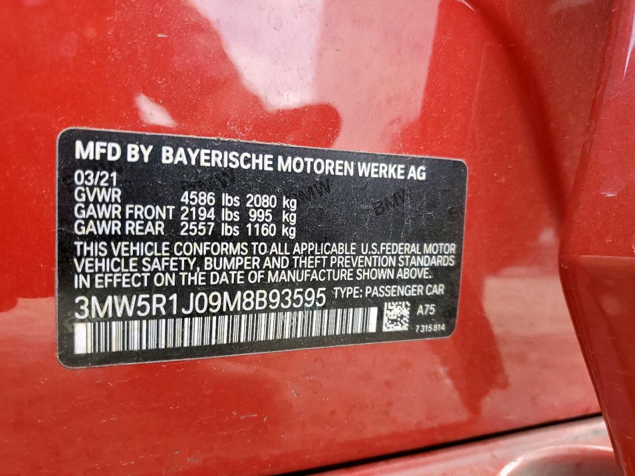 2021 BMW 330I VIN: 3MW5R1J09M8B93595 Lot: 91596795