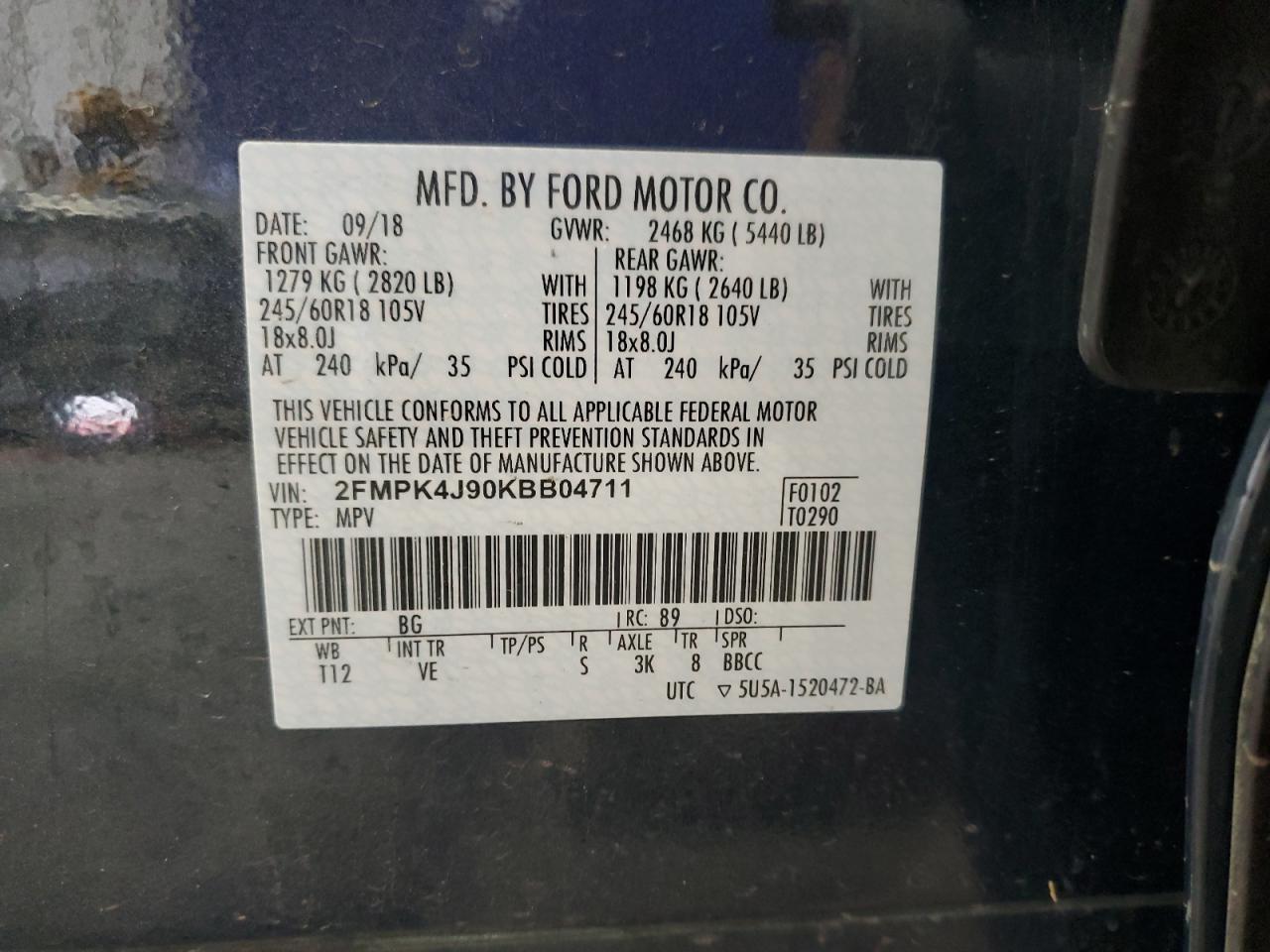 2019 Ford Edge Sel VIN: 2FMPK4J90KBB04711 Lot: 89677215