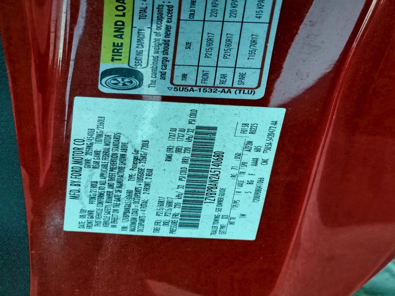 2010 Ford Mustang VIN: 1ZVBP8AN2A5140680 Lot: 94045185