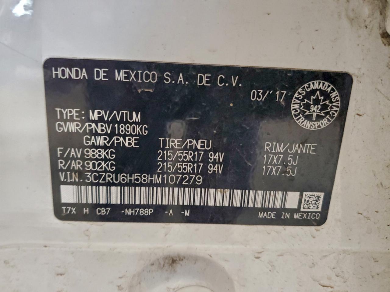 2017 Honda Hr-V Ex VIN: 3CZRU6H58HM107279 Lot: 94956595
