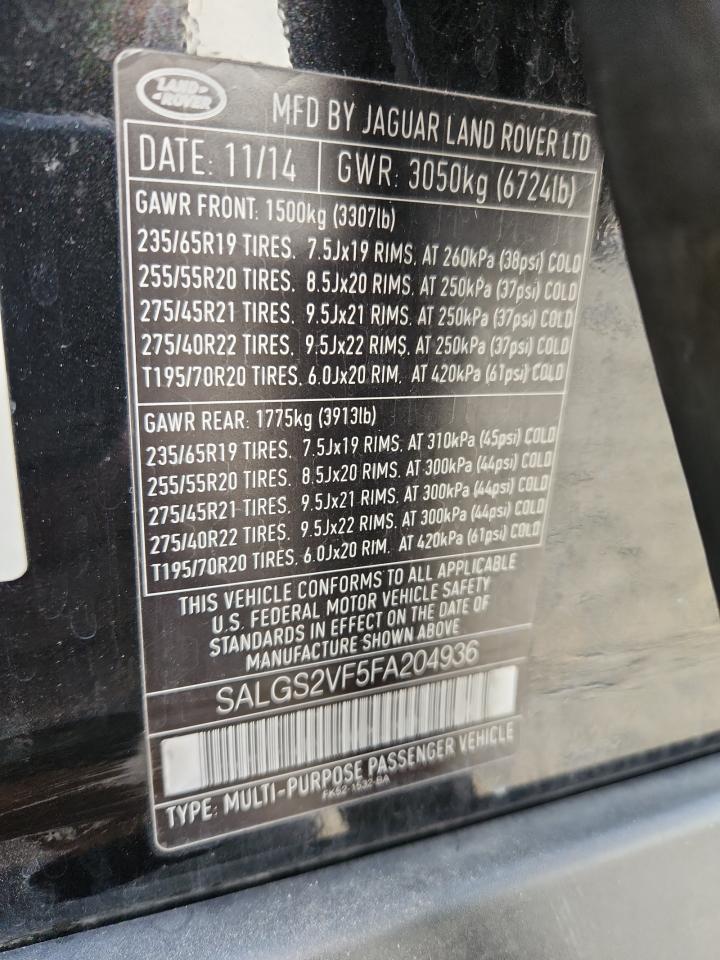 2015 Land Rover Range Rover Hse VIN: SALGS2VF5FA204936 Lot: 90242645