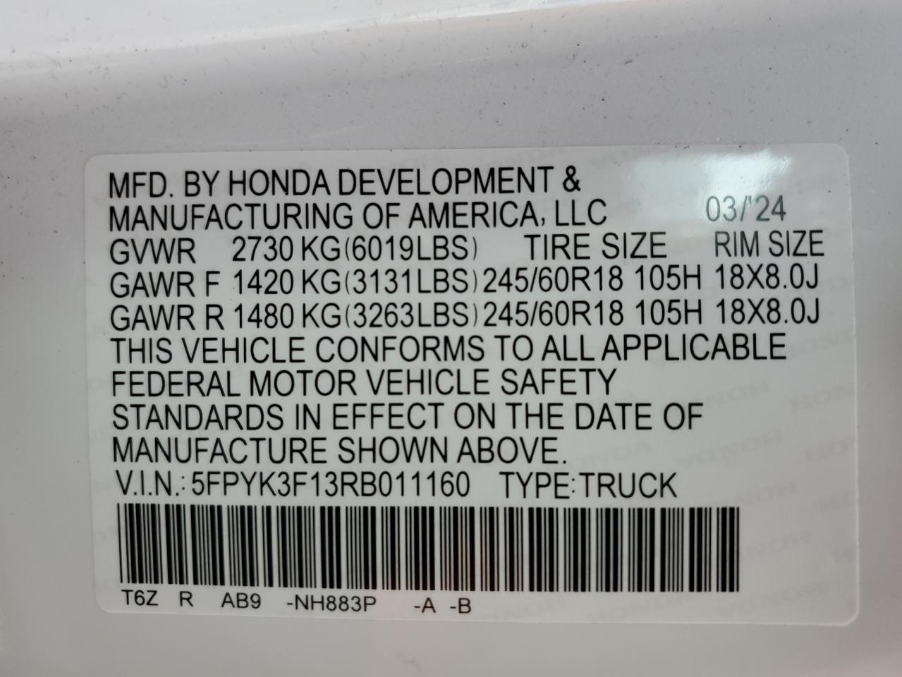 2024 Honda Ridgeline Sport VIN: 5FPYK3F13RB011160 Lot: 92233065