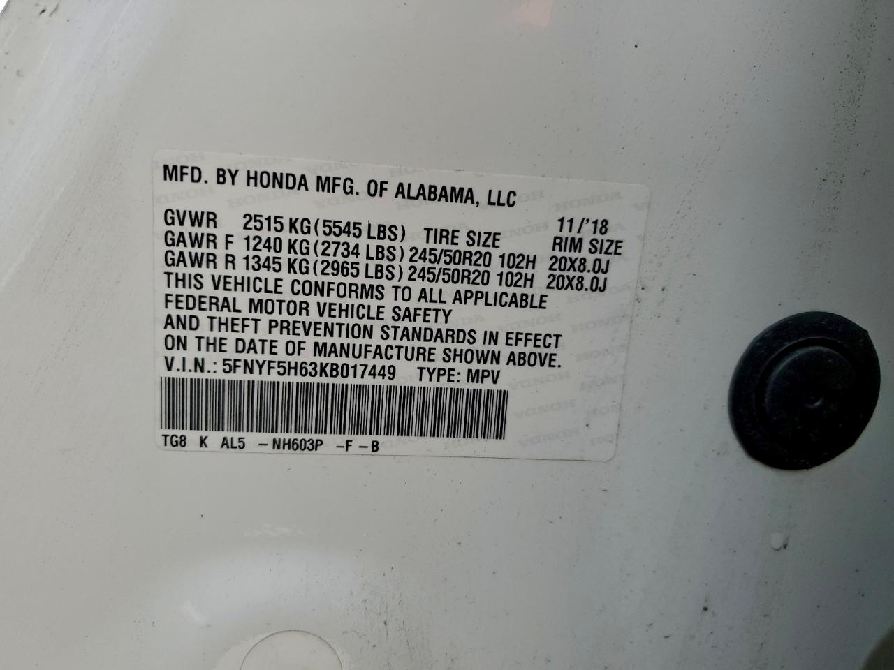 2019 Honda Pilot Touring VIN: 5FNYF5H63KB017449 Lot: 93916125