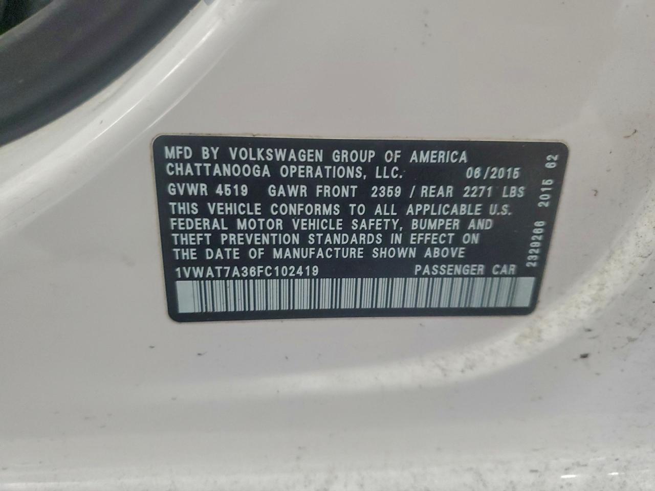 2015 Volkswagen Passat S VIN: 1VWAT7A36FC102419 Lot: 93479665