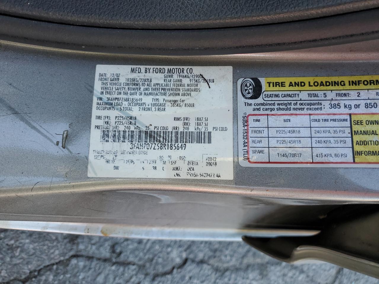 2008 Ford Fusion Se VIN: 3FAHP07Z58R185649 Lot: 92331495