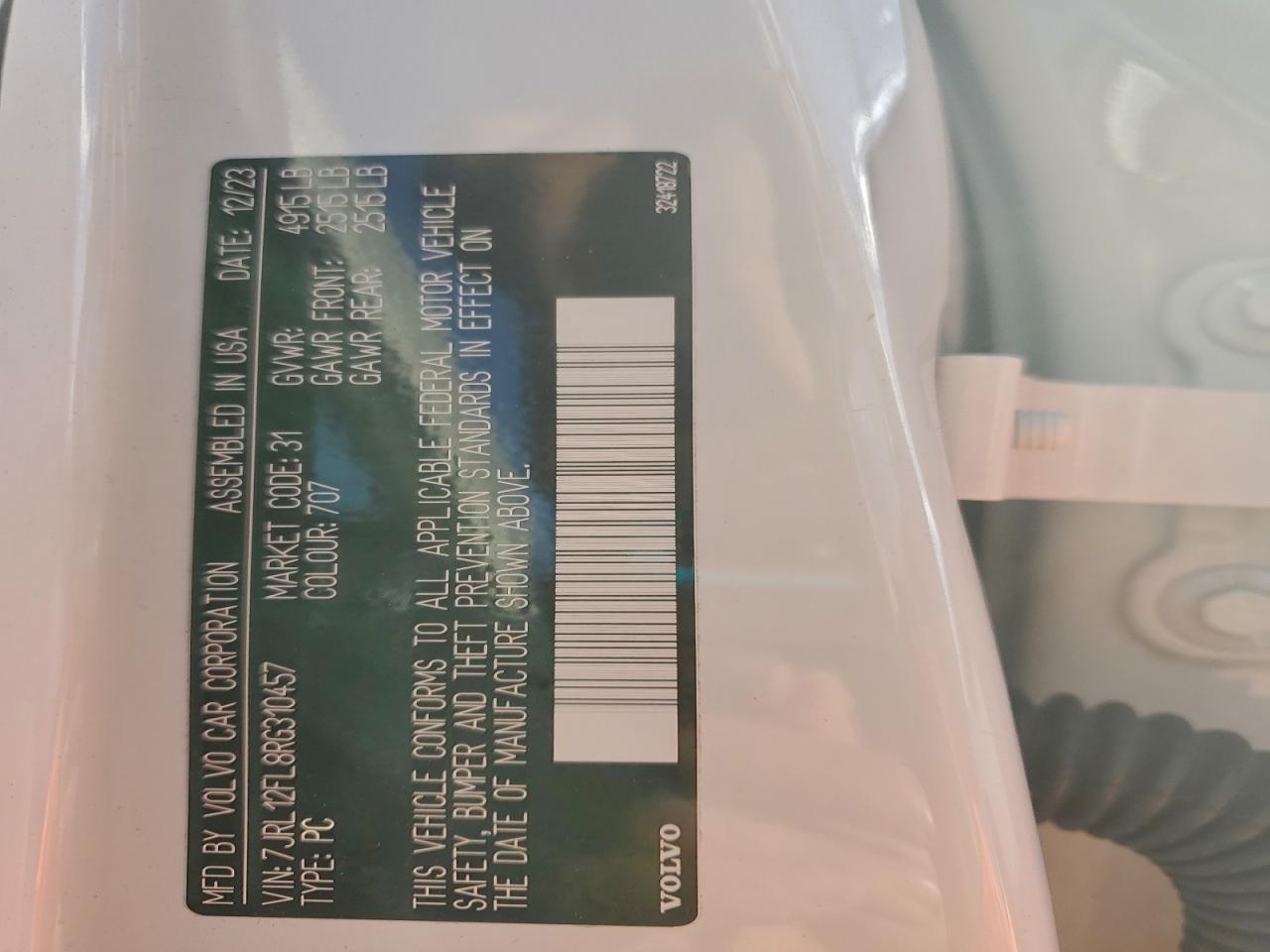 2024 Volvo S60 Plus VIN: 7JRL12FL8RG310457 Lot: 92785755