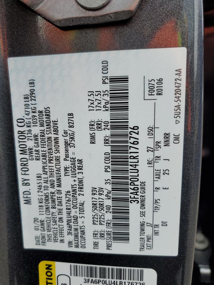 2020 Ford Fusion Se VIN: 3FA6P0LU4LR176726 Lot: 93334155