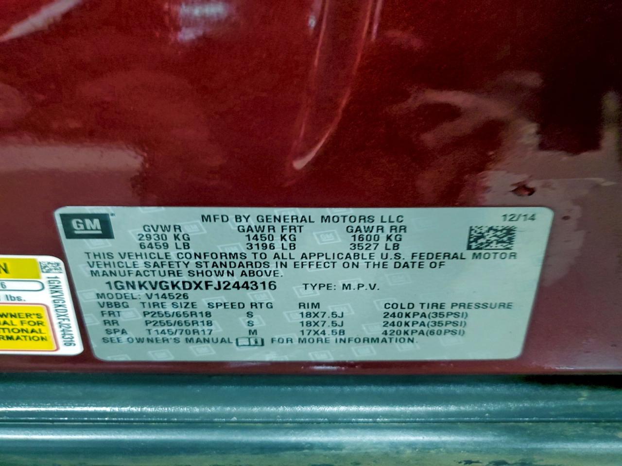 2015 Chevrolet Traverse Lt VIN: 1GNKVGKDXFJ244316 Lot: 93014155