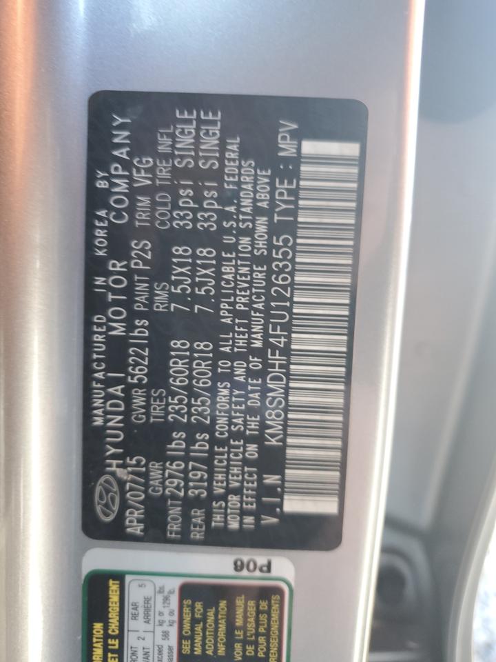 2015 Hyundai Santa Fe Gls VIN: KM8SMDHF4FU126355 Lot: 91198075