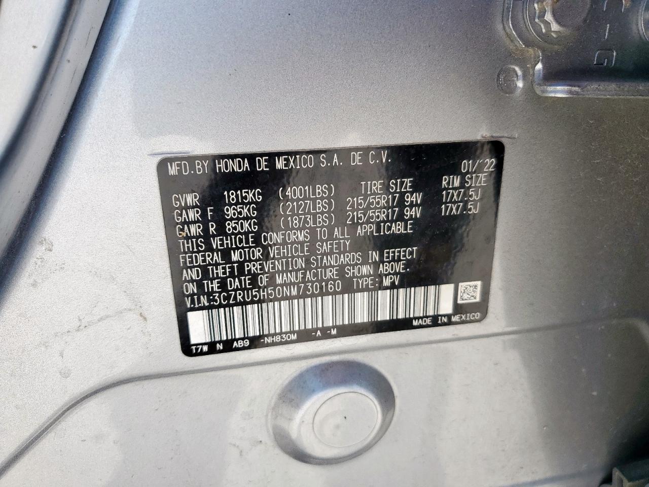 2022 Honda Hr-V Ex VIN: 3CZRU5H50NM730160 Lot: 92388625