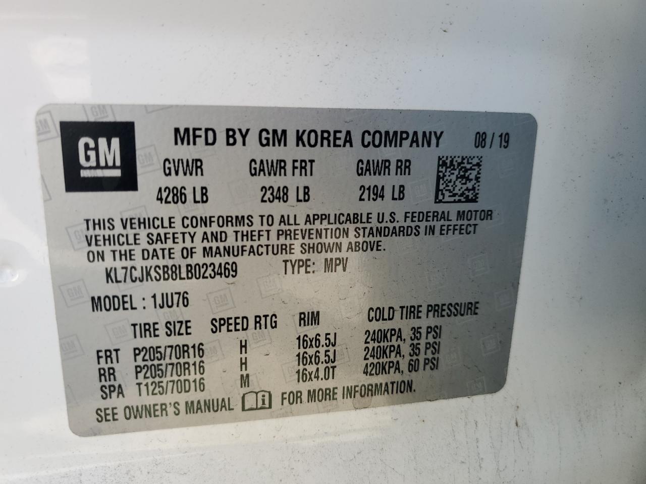 2020 Chevrolet Trax Ls VIN: KL7CJKSB8LB023469 Lot: 91883315