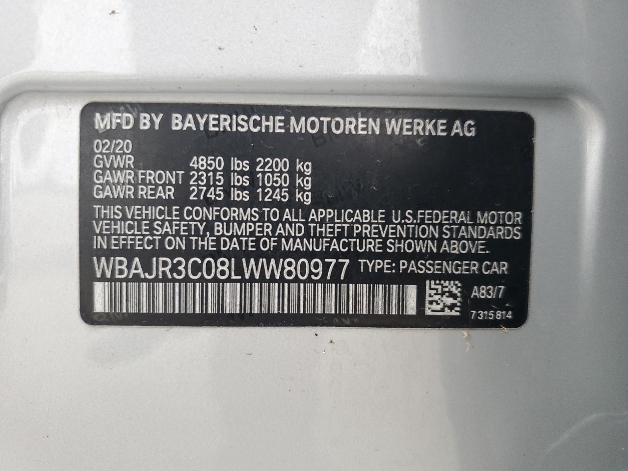 2020 BMW 530 I VIN: WBAJR3C08LWW80977 Lot: 93456105