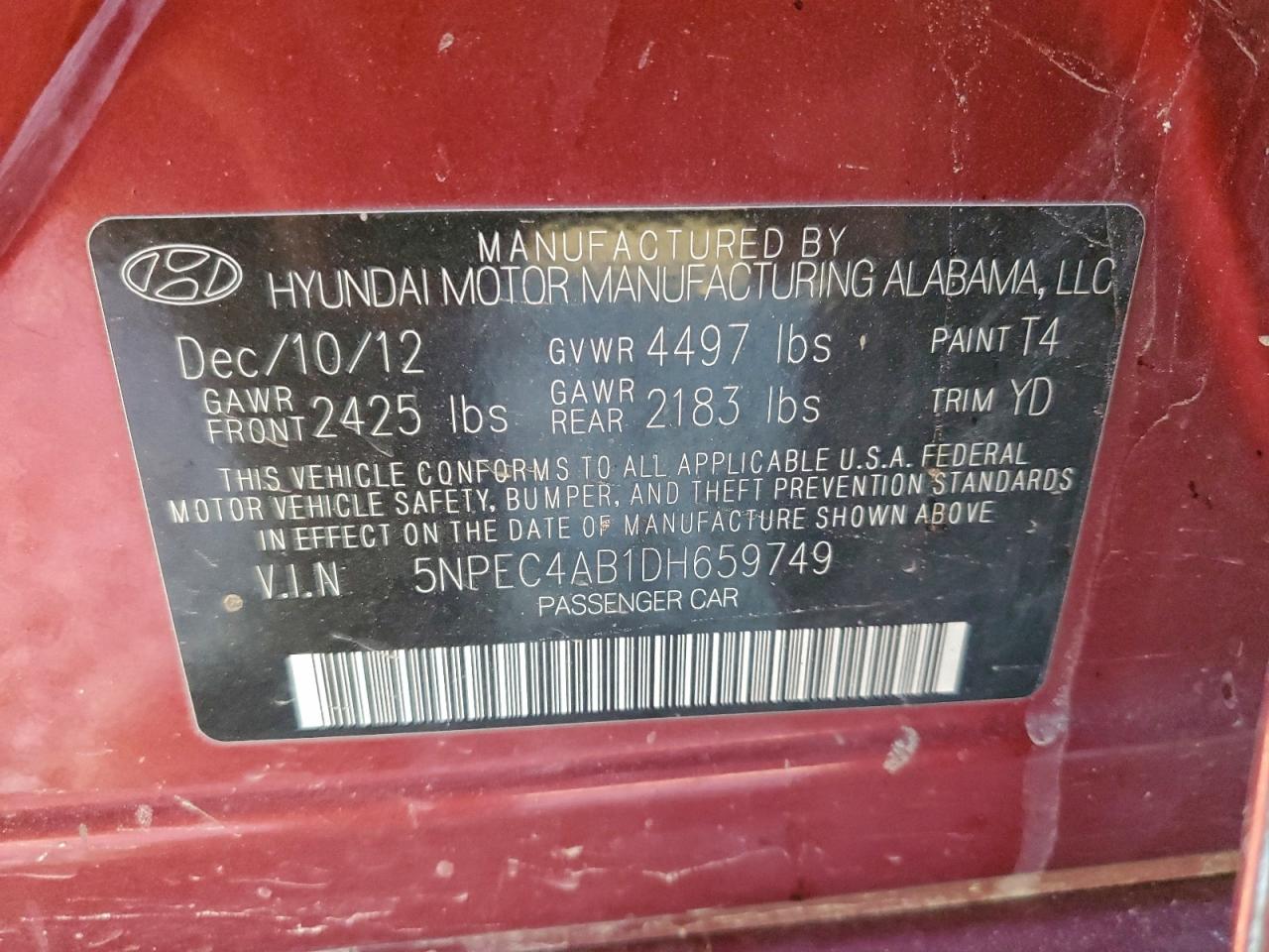 2013 Hyundai Sonata Se VIN: 5NPEC4AB1DH659749 Lot: 93969715