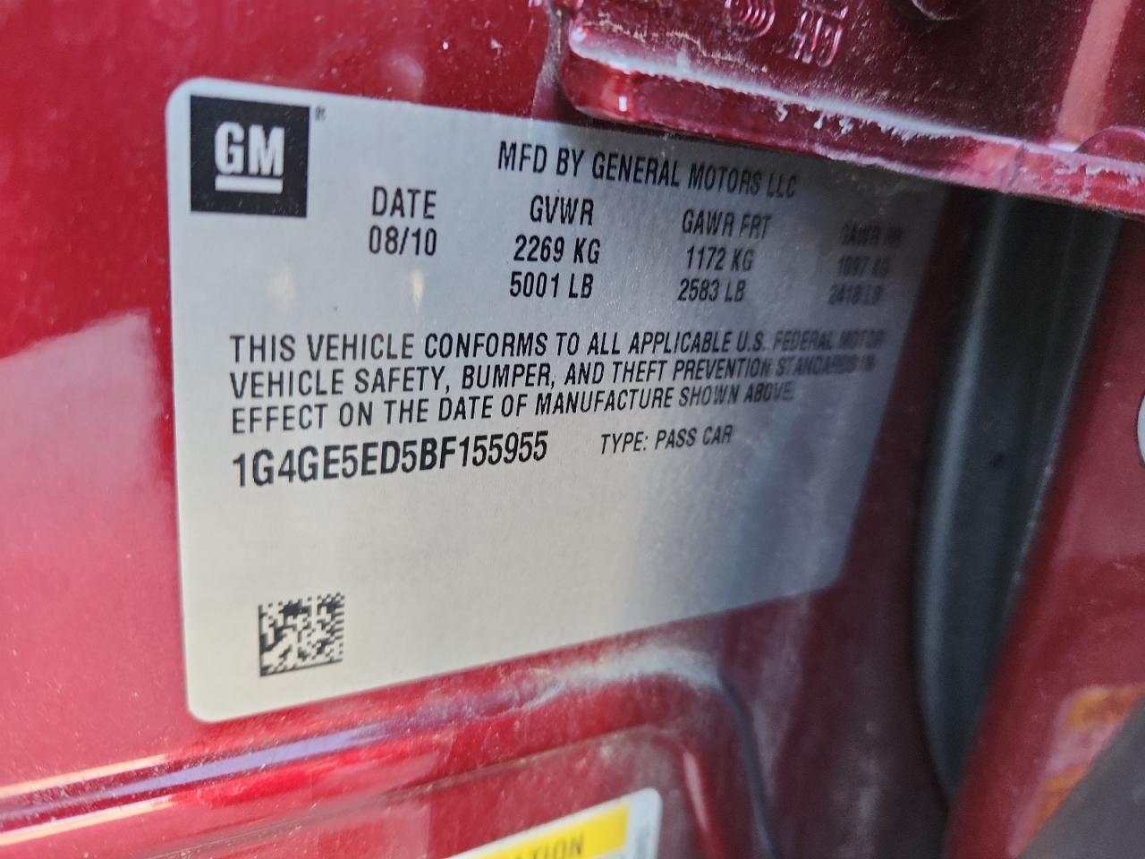 2011 Buick Lacrosse Cxs VIN: 1G4GE5ED5BF155955 Lot: 92193135