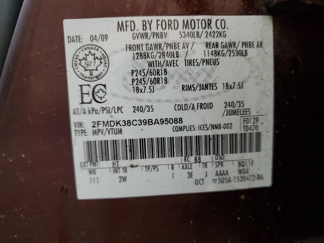 2009 Ford Edge Sel VIN: 2FMDK38C39BA95088 Lot: 92619865