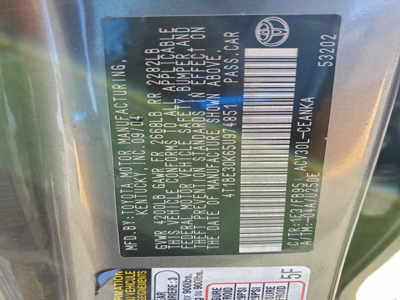 2005 Toyota Camry Le VIN: 4T1BE30K65U974851 Lot: 94541325